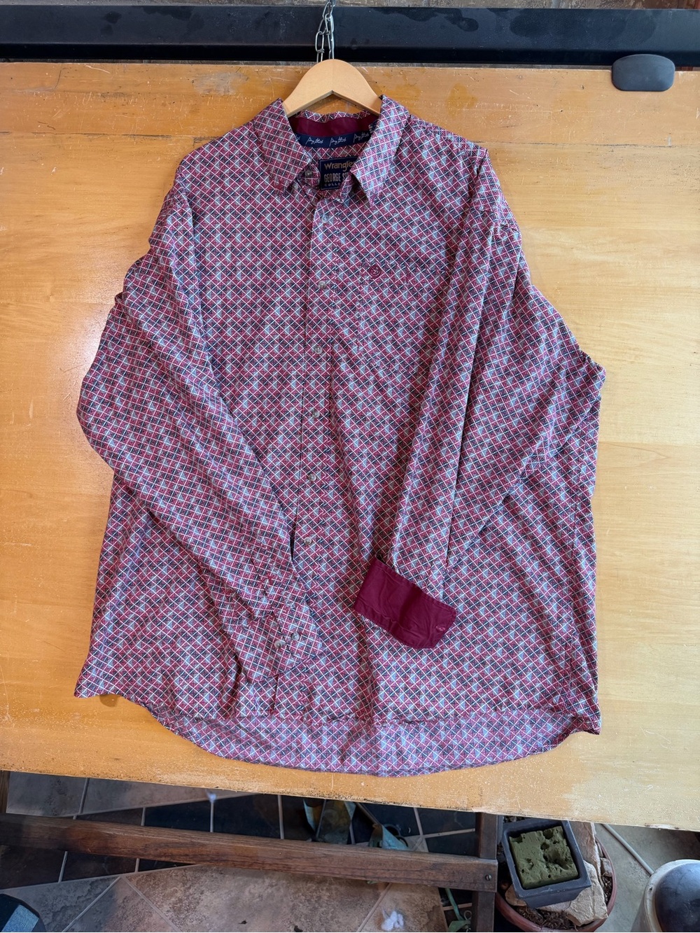 Wrangler Burgundy and White Geometric Button-Down Shirt